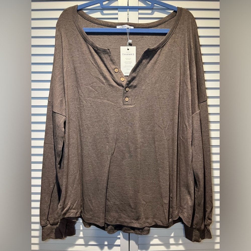 ADREAMLY Long Sleeve Button Down, Brown, 2XL